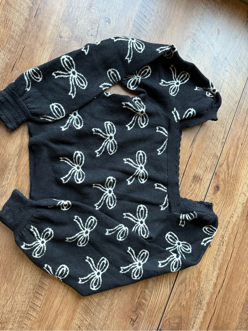 Black Knit Sweater with White Bow Pattern - Women's Sweater